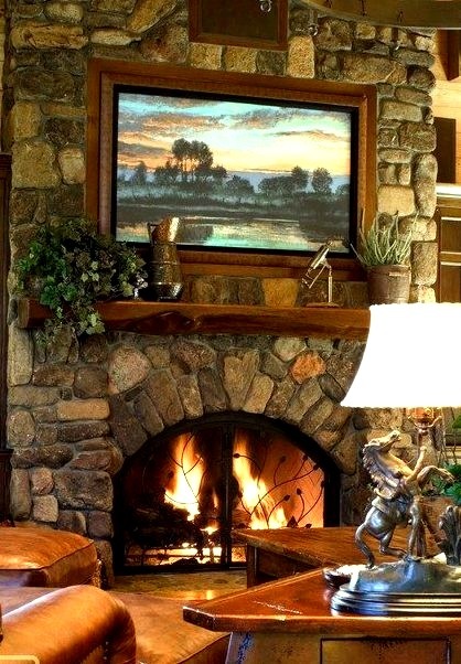 Mountain Home Living Room With Stone Fireplace